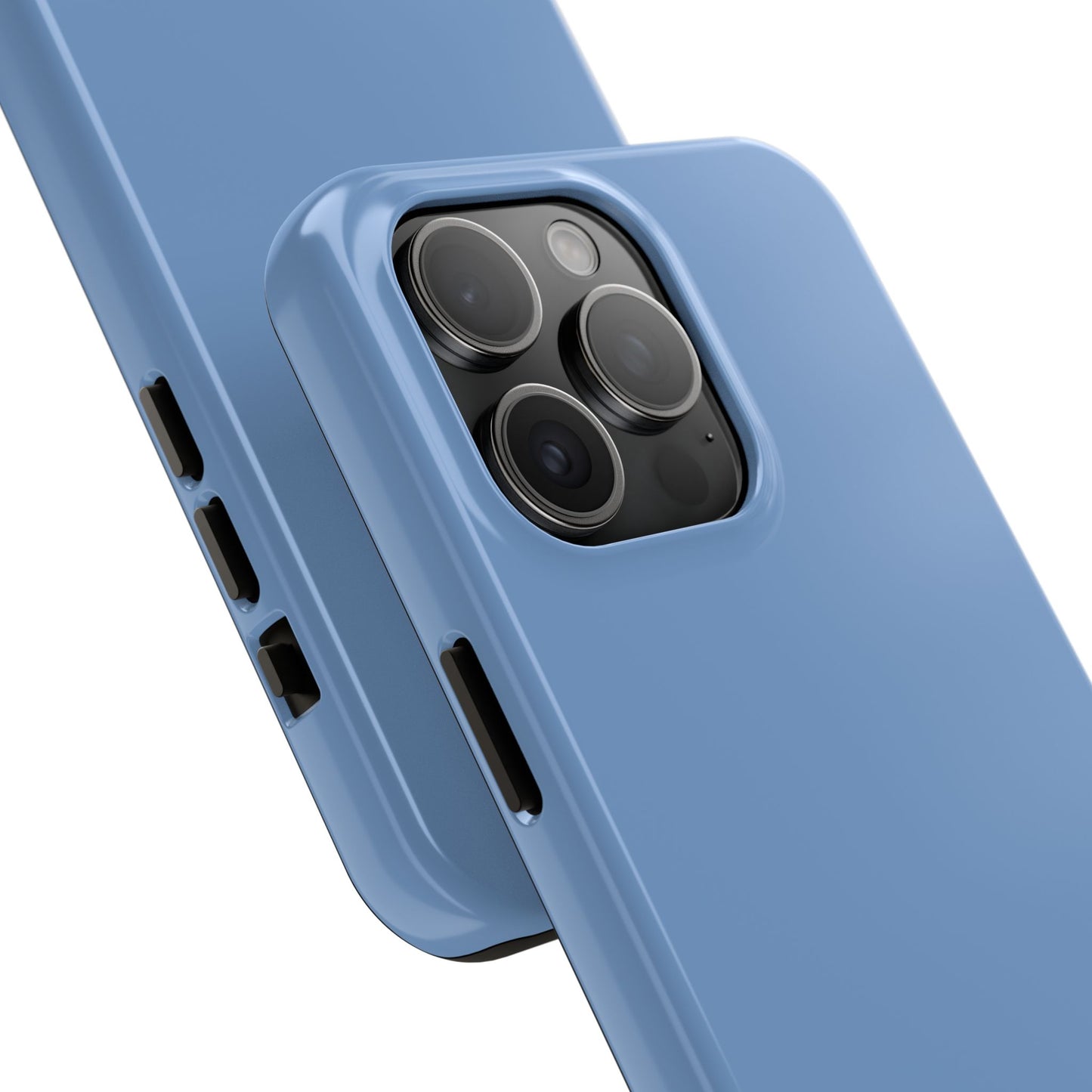 Blue phone case with camera and charging ports on a white background