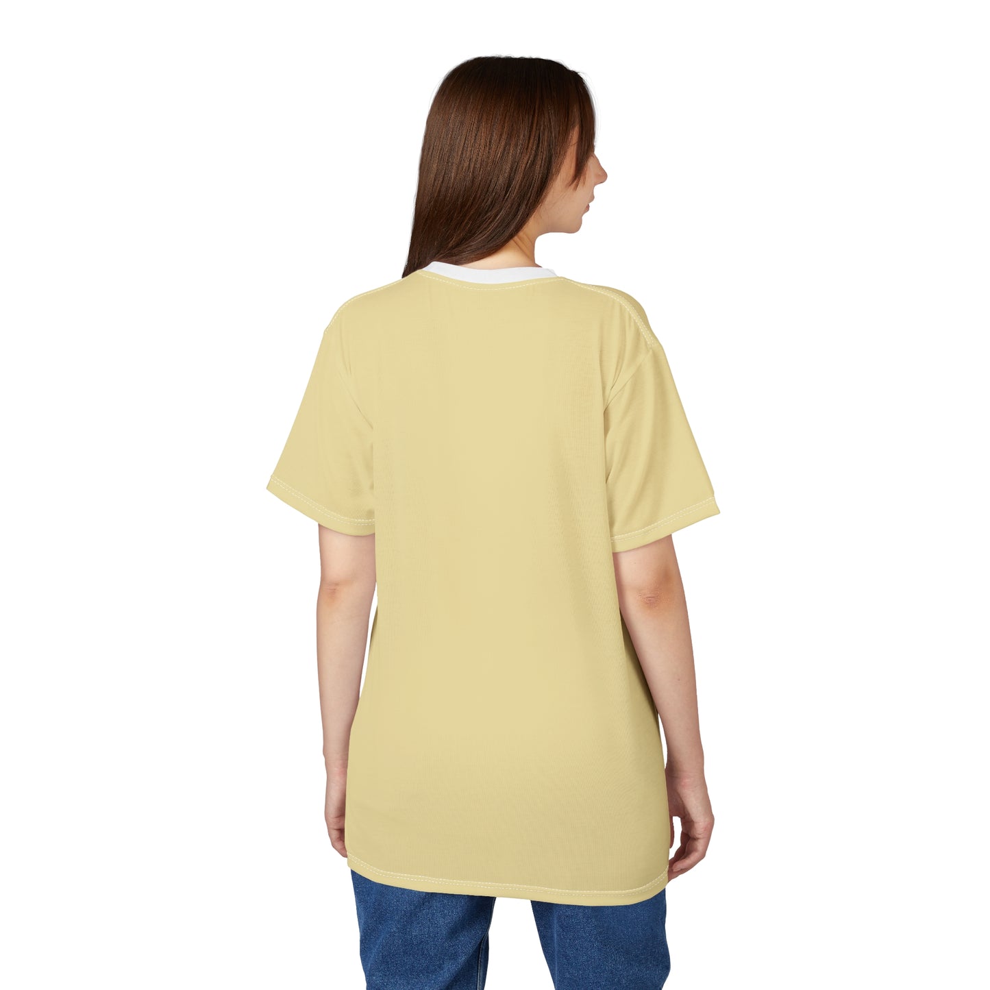 Woman wearing a light yellow t-shirt on a white background