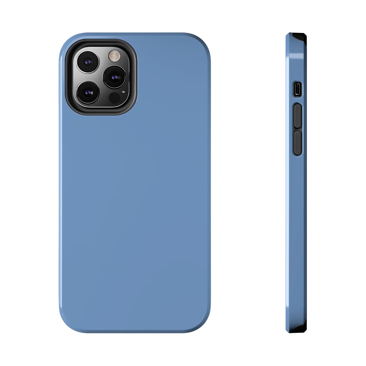 Blue phone case with camera and side view on a white background