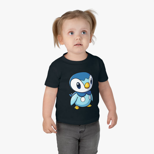 Child wearing a black t-shirt with a blue cartoon penguin design on a white background.