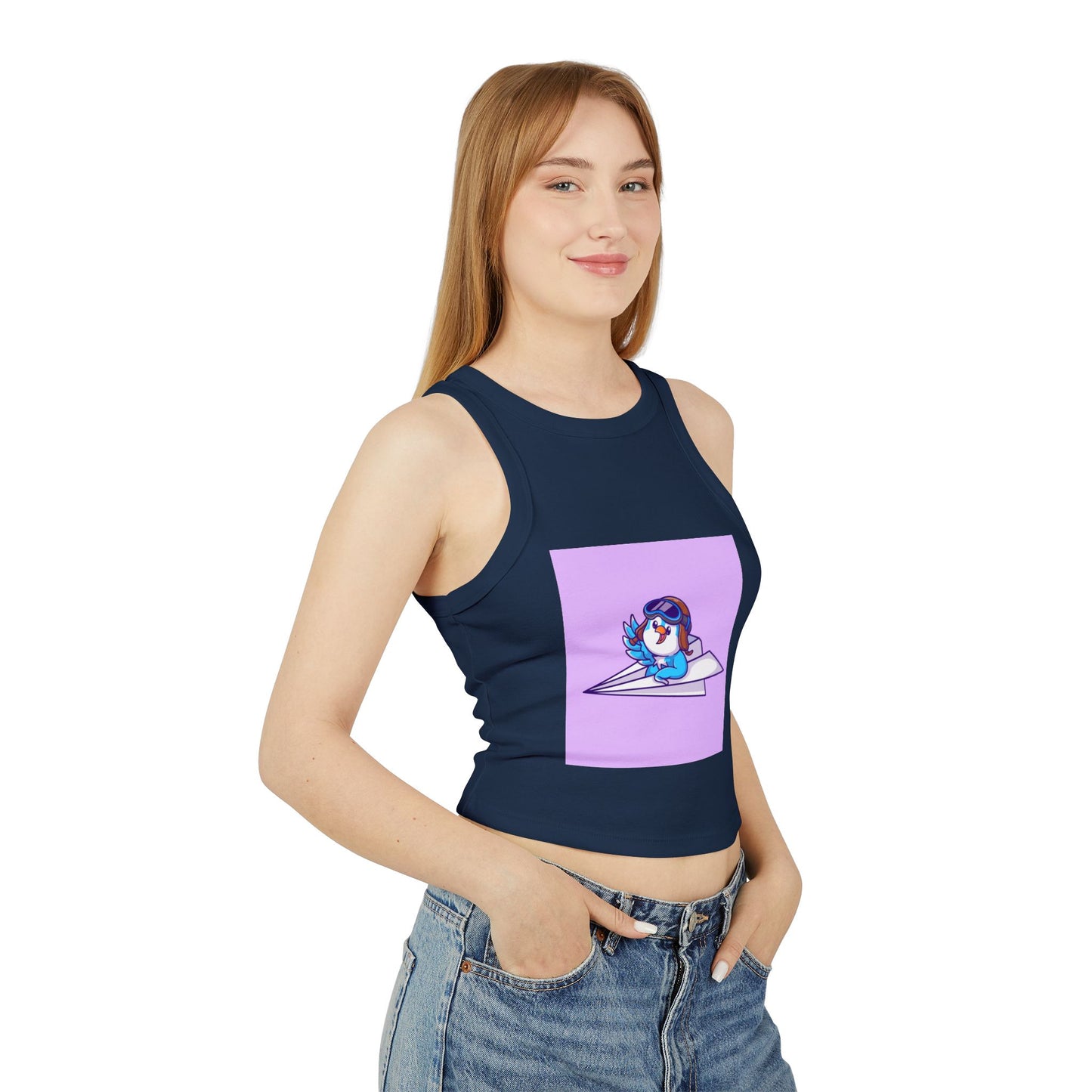 Playful Racer Tank Top with Whimsical Paper Plane Design