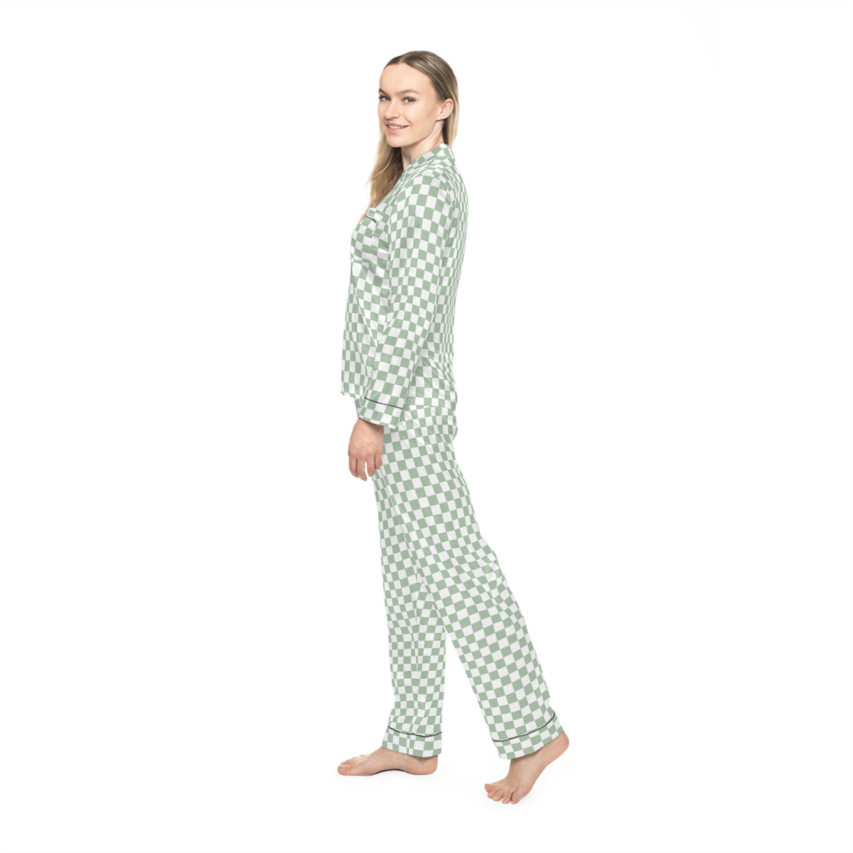 Green Checkered Women’s Satin Pajama Set for Cozy Nights