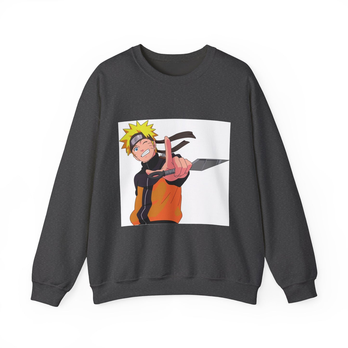 Black sweatshirt with an anime character graphic on a white background