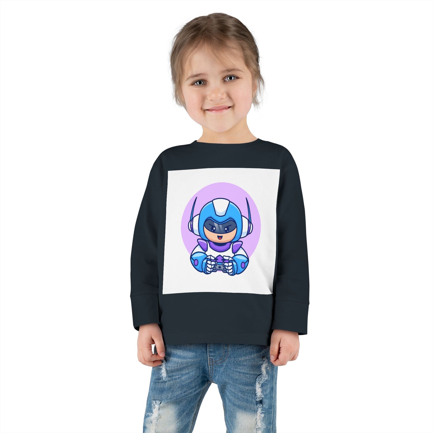 Blue Cyber Gamer Kids Tee Cartoon Robot Player Shirt