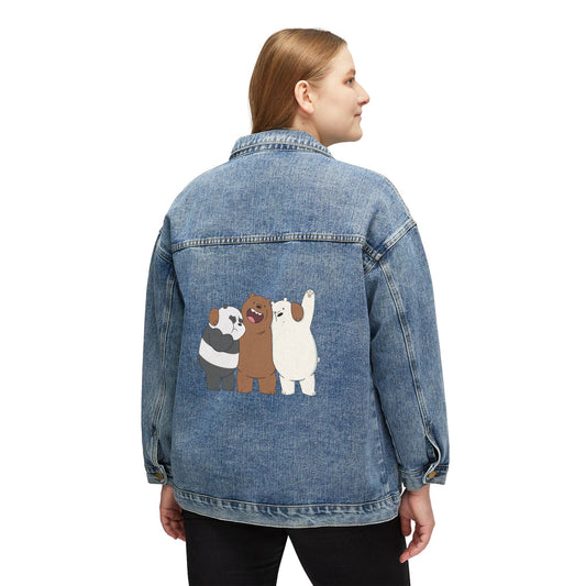Whimsical Bear Graphic Women’s Oversized Denim Jacket