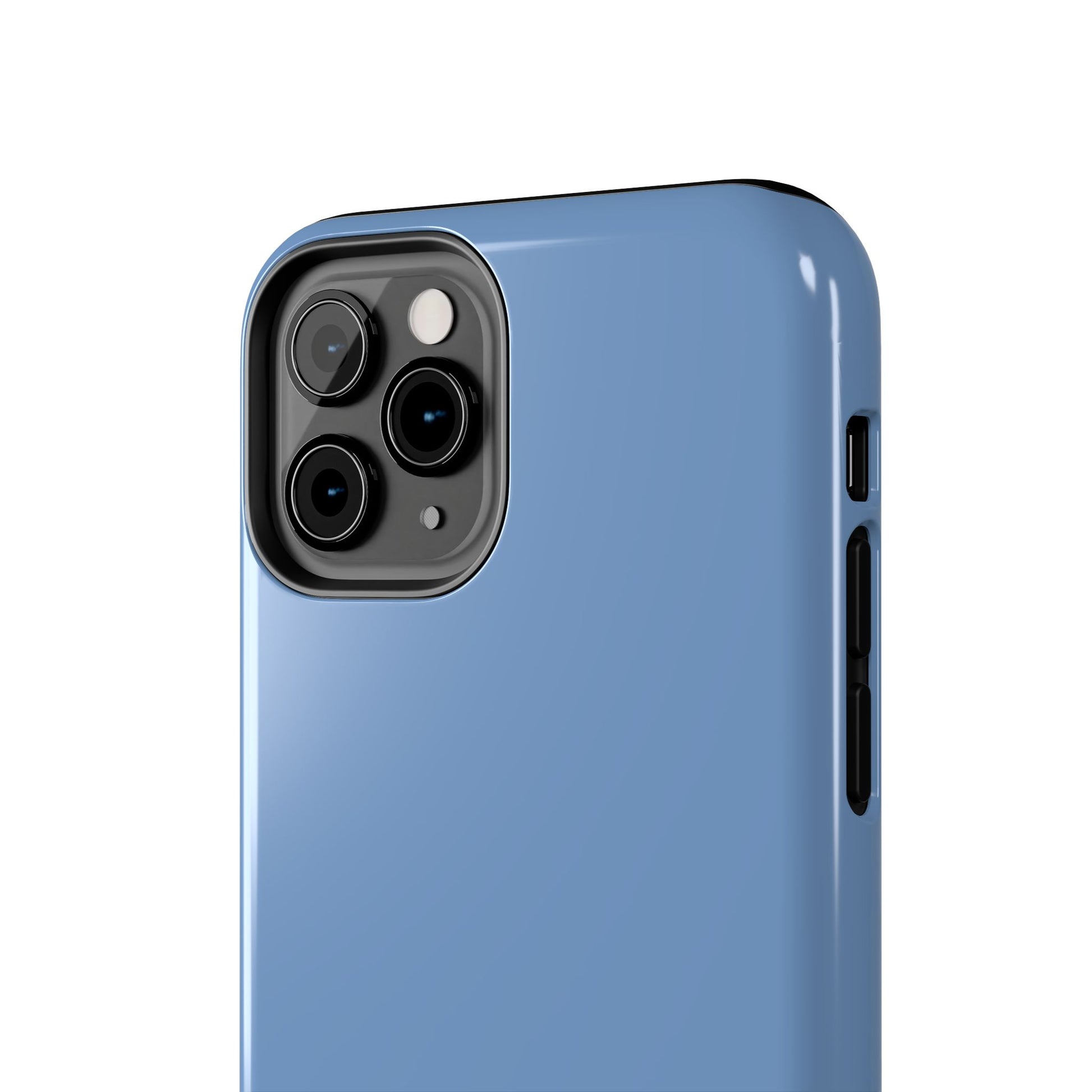 Blue smartphone case with camera and charging ports on a white background