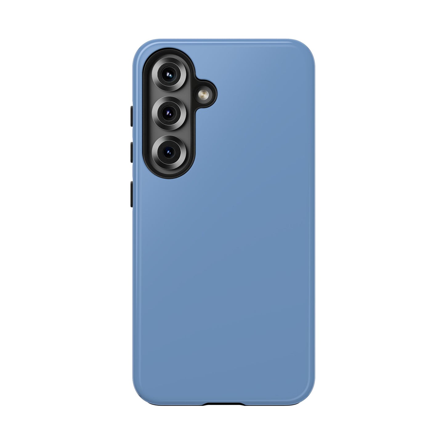 Blue phone case with camera module on a white background