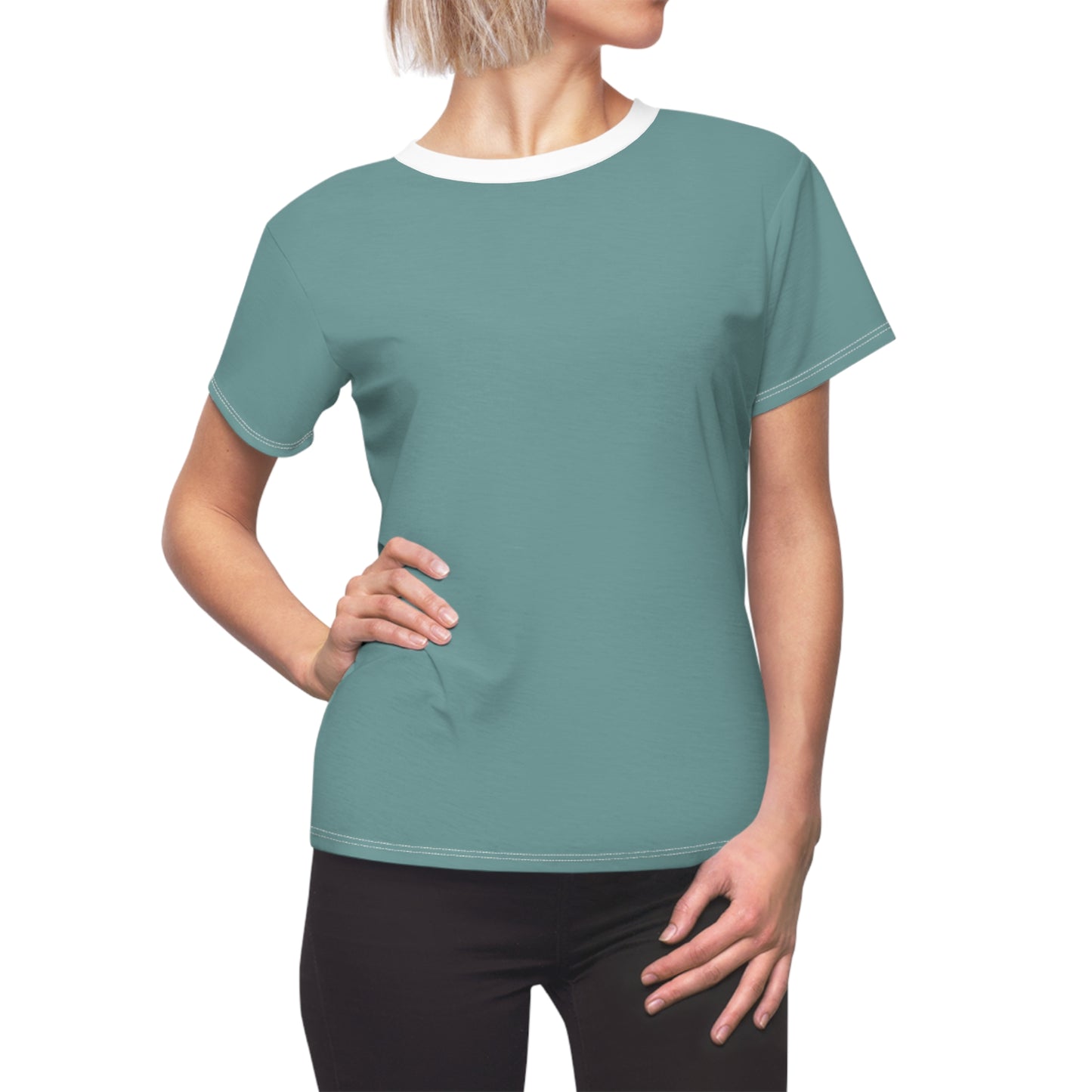 Person wearing a teal t-shirt on a white background
