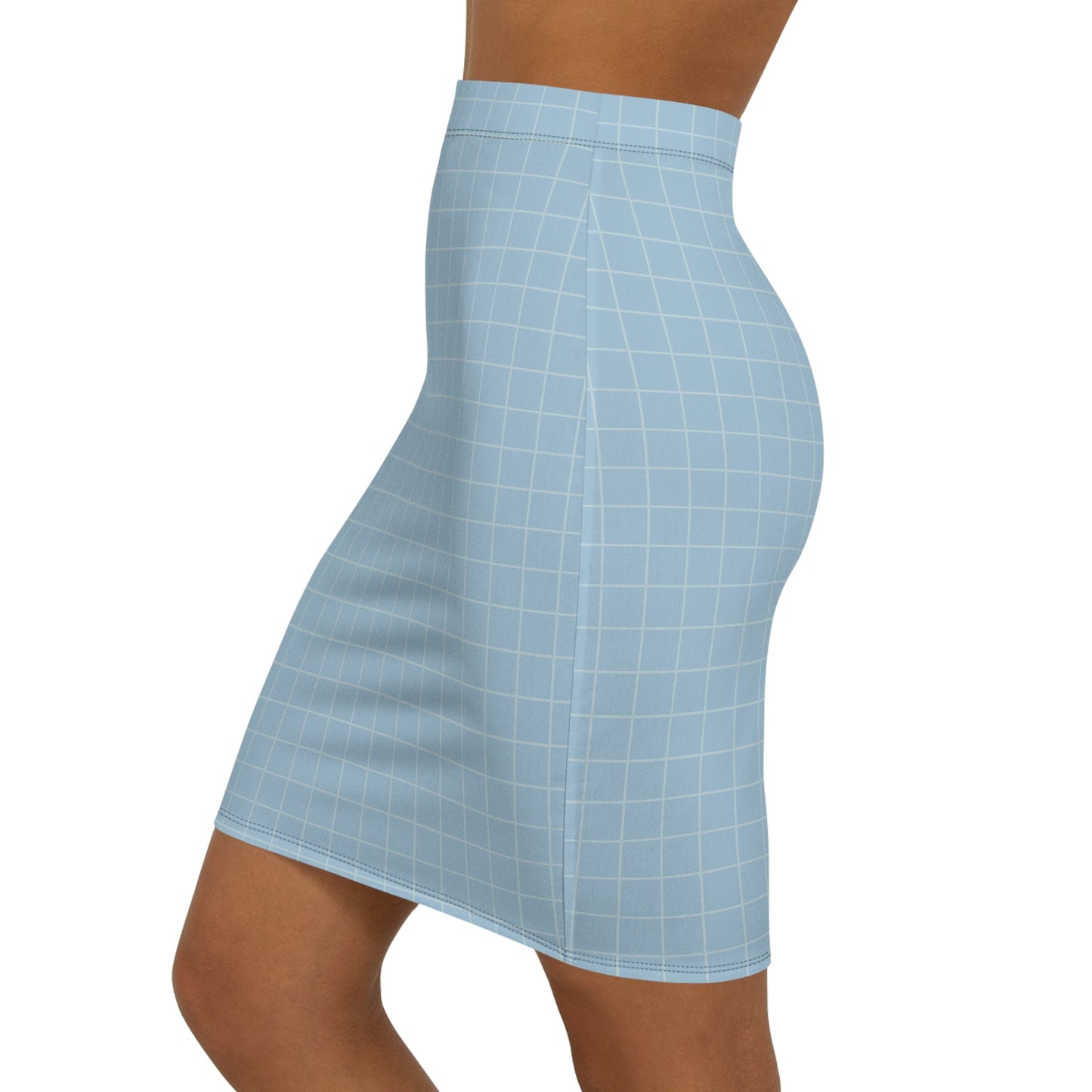 Light blue grid-patterned skirt worn by a person on a white background