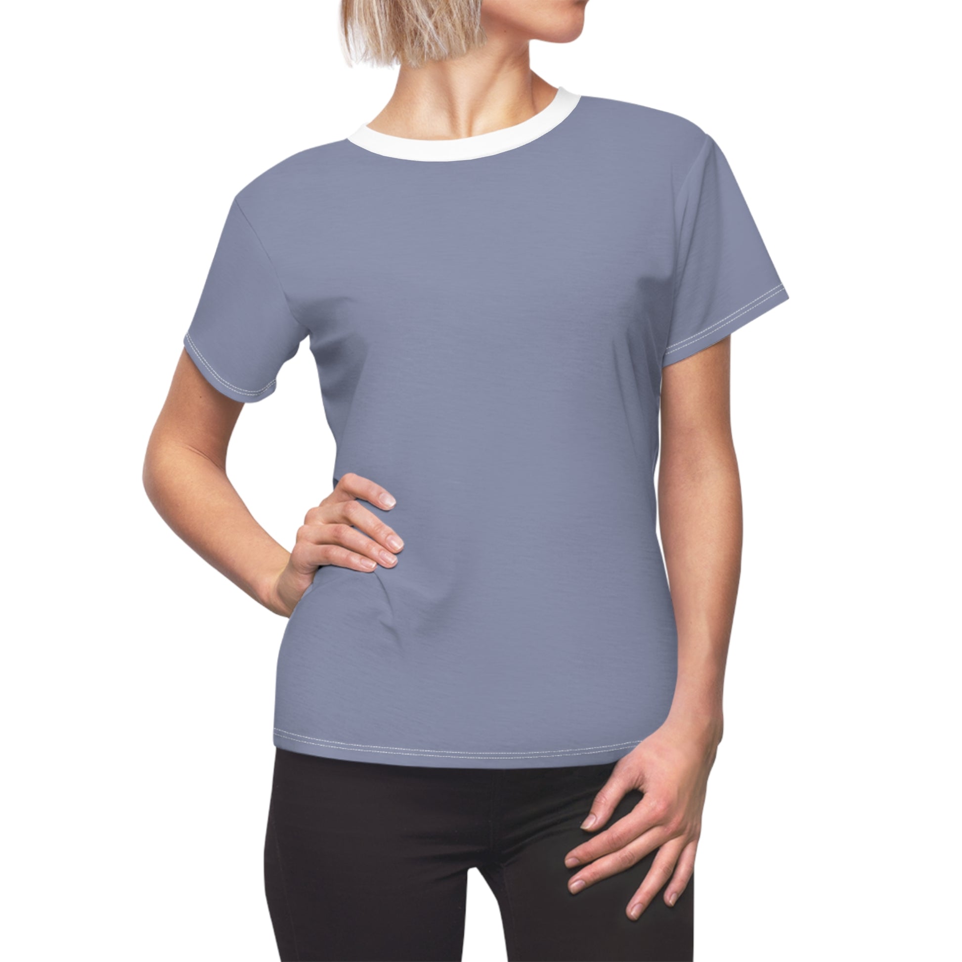 Person wearing a gray t-shirt on a white background
