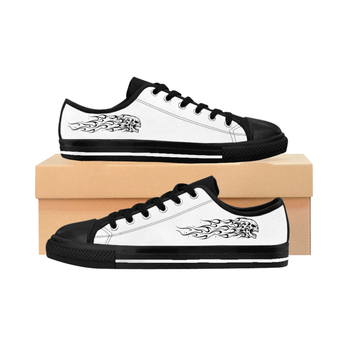 unisex Flame Graphic Sneakers – Black and White Streetwear Shoes