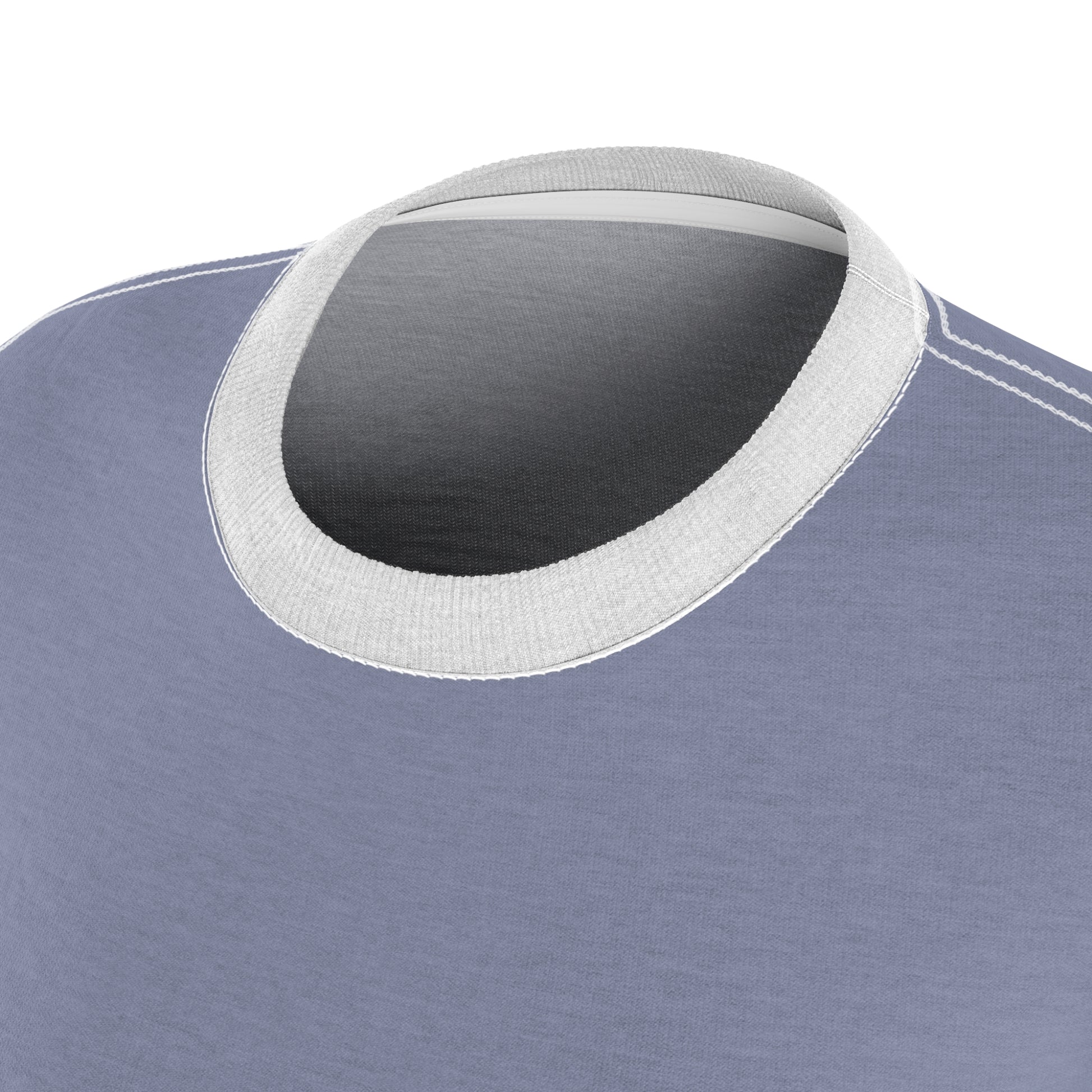 Close-up of a blue shirt with a white collar on a white background
