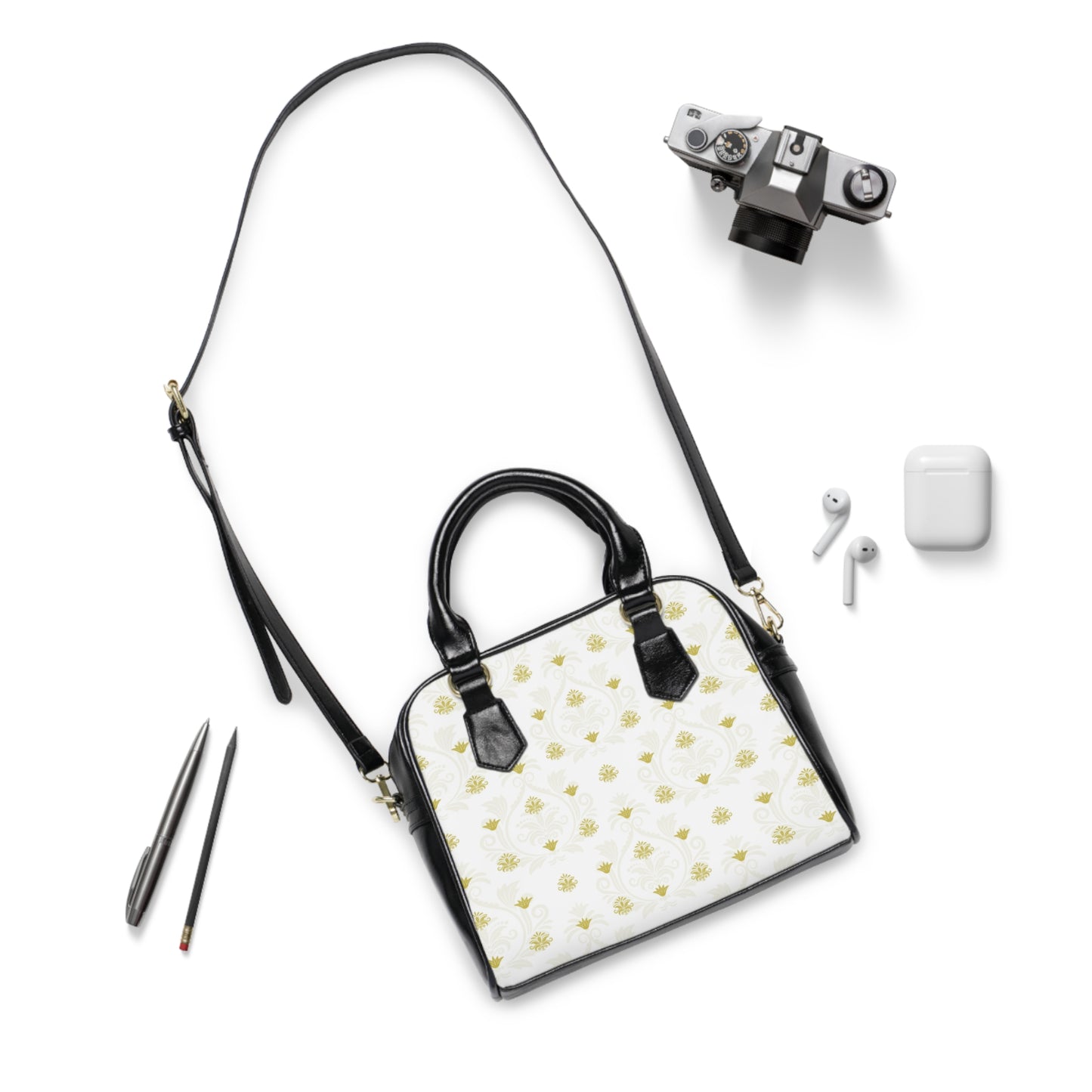 Classic White Gold Print Tote Bag – Chic Black Trim Structured Handbag