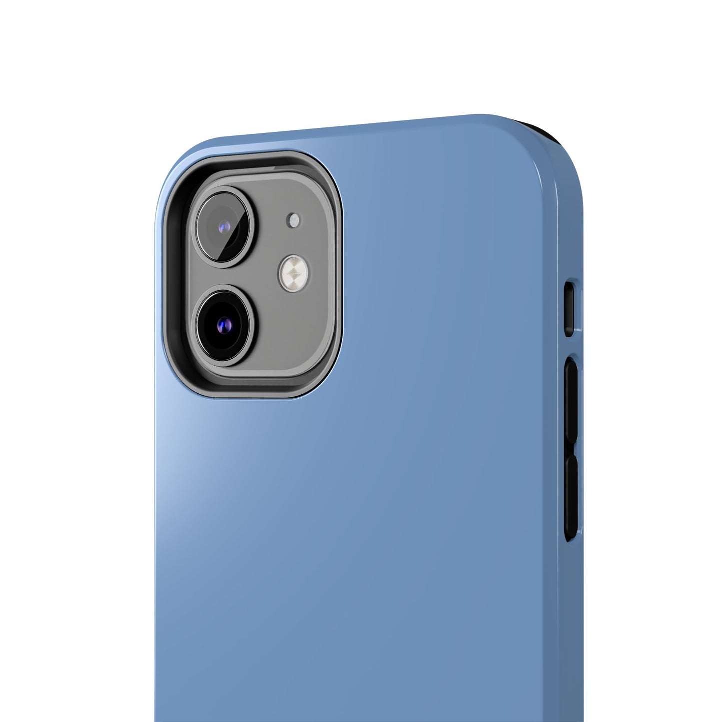 Blue phone case with camera and flash on a white background