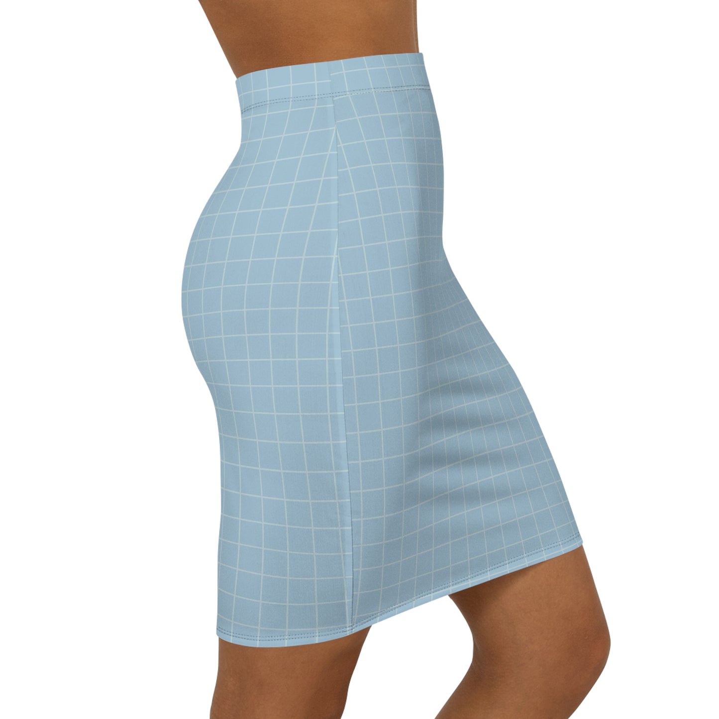 Light blue grid-patterned skirt worn by a person on a white background
