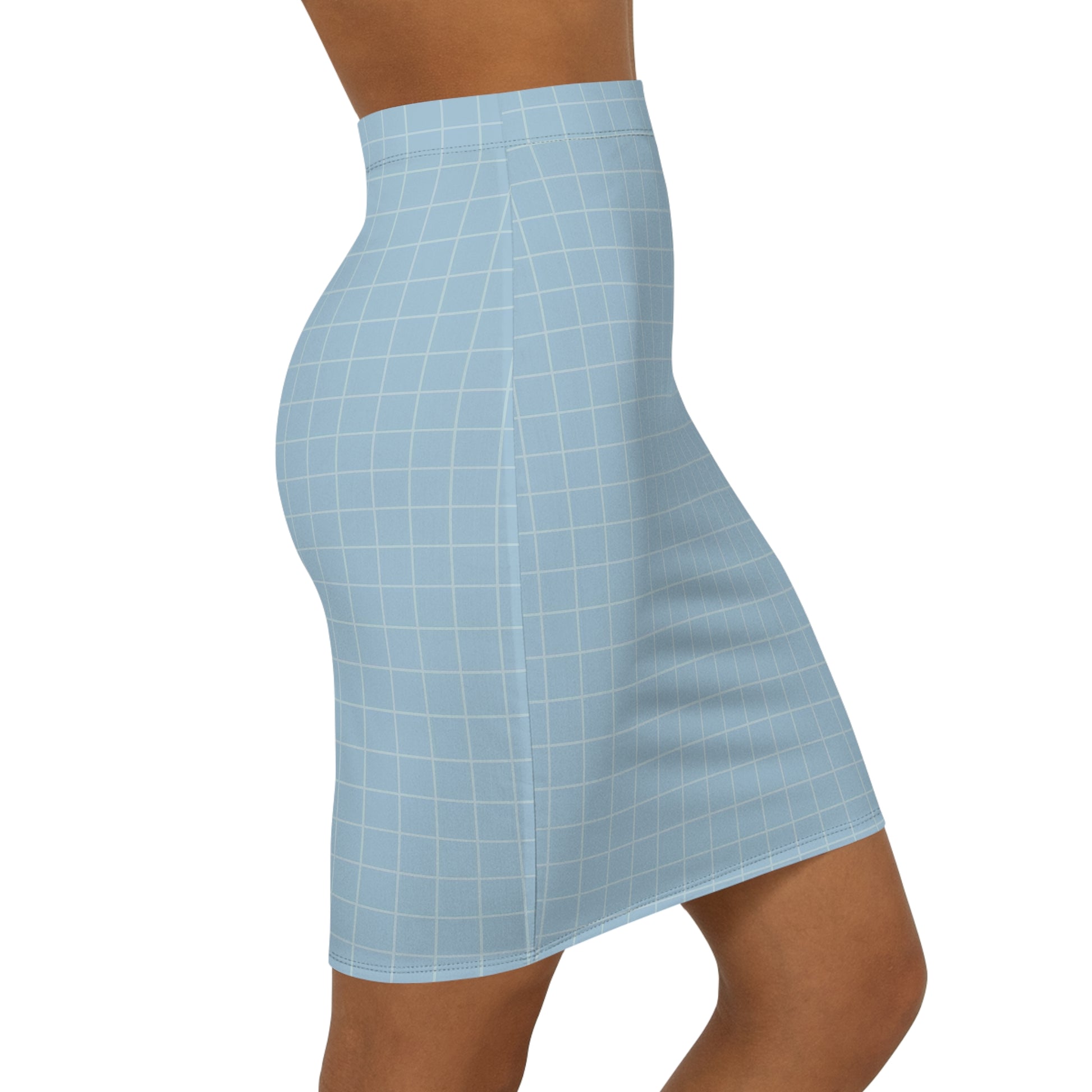 Light blue grid-patterned skirt worn by a person on a white background