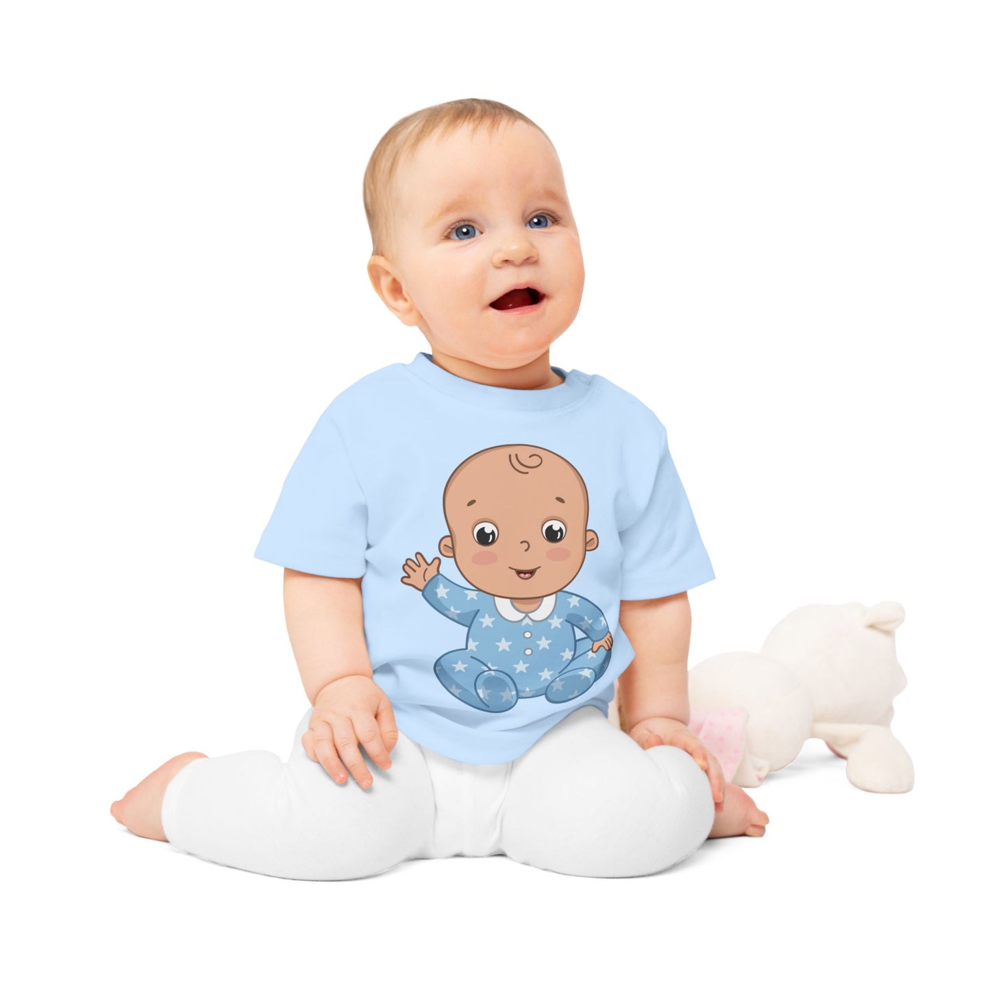 Baby wearing a t-shirt with a cartoon character on a white background