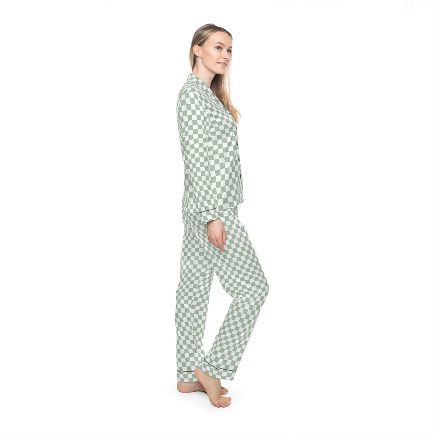 Green Checkered Women’s Satin Pajama Set for Cozy Nights