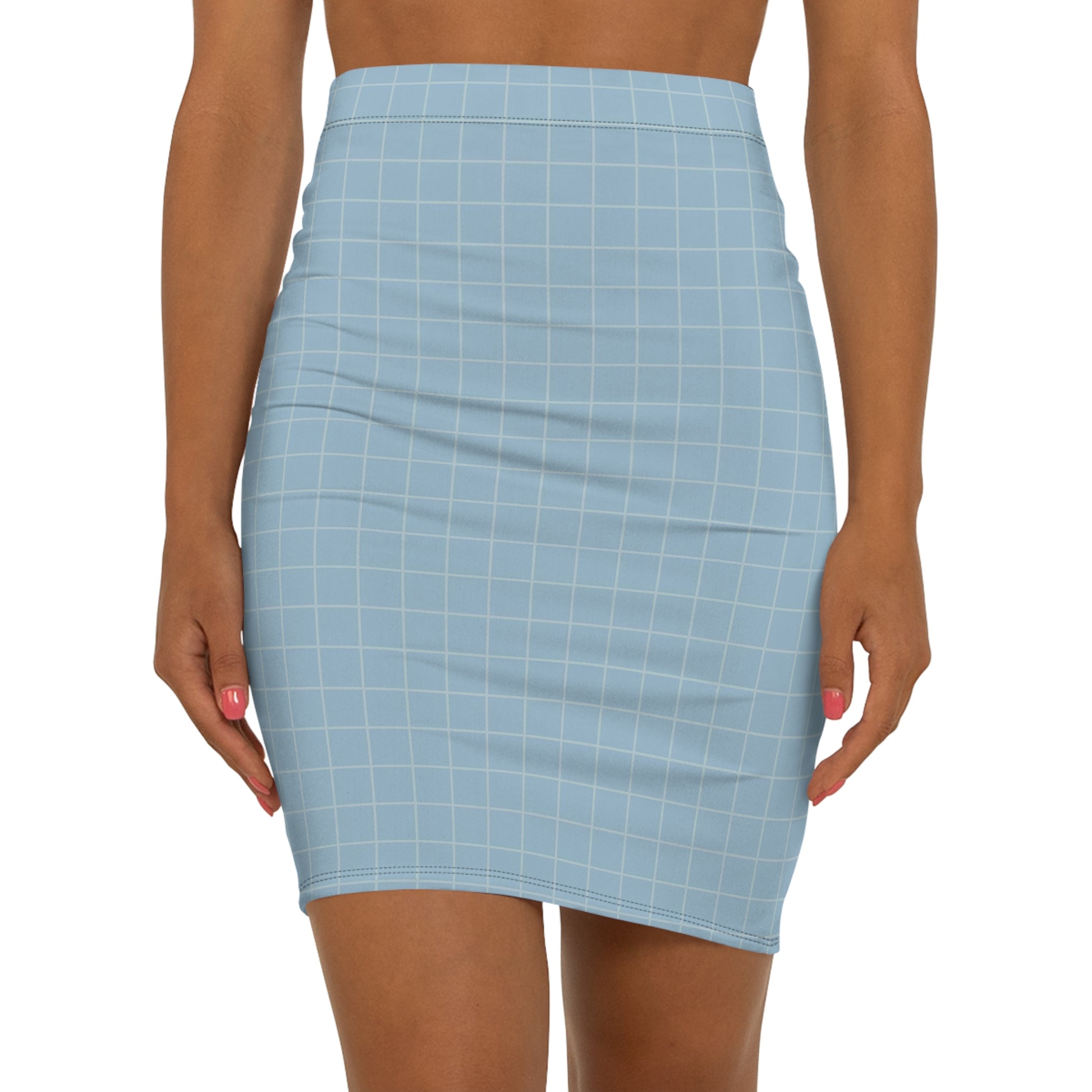 Blue grid-patterned skirt worn by a person on a white background