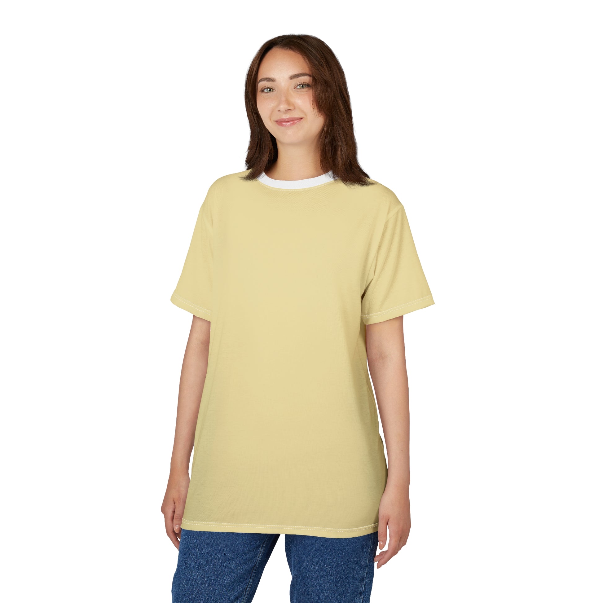 Woman wearing a light yellow t-shirt on a white background