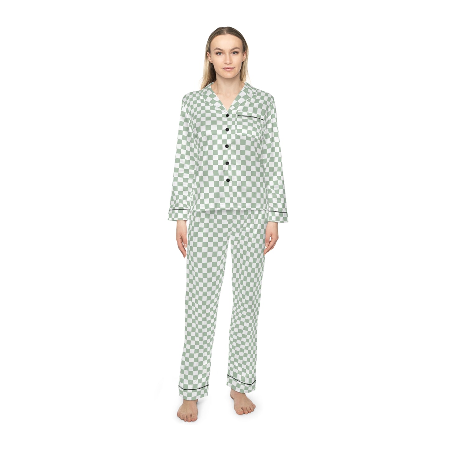 Green Checkered Women’s Satin Pajama Set for Cozy Nights
