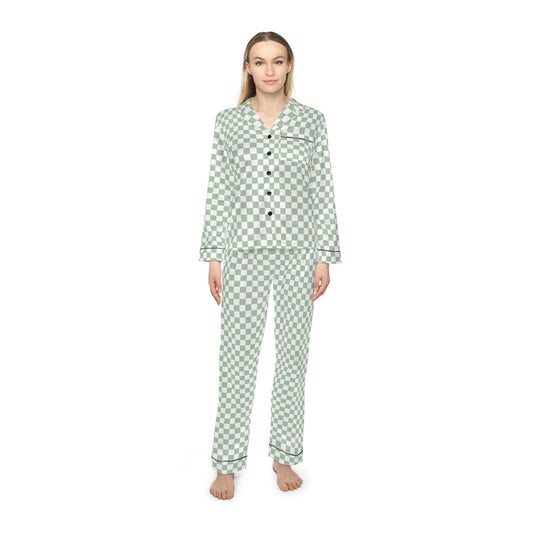 Green Checkered Women’s Satin Pajama Set for Cozy Nights