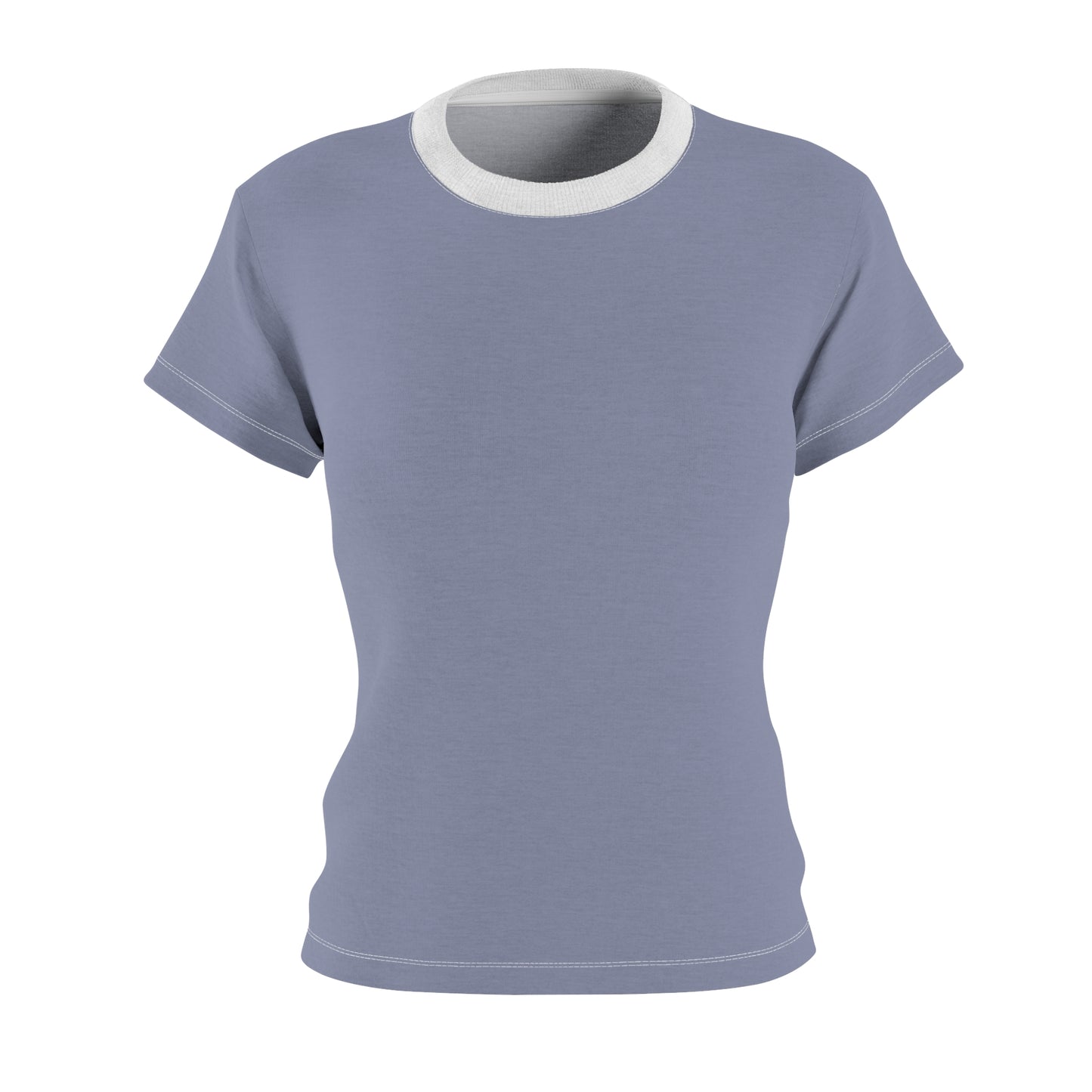 Plain light blue t-shirt with white trim on a white background