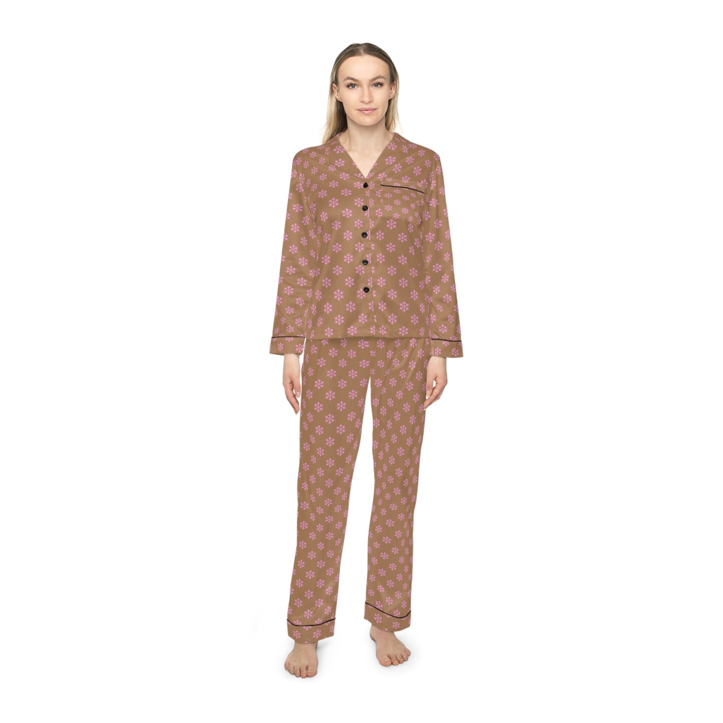 Brown Pattern Women’s Satin Pajama Set for Cozy Nightwear