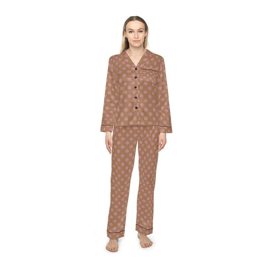 Brown Pattern Women’s Satin Pajama Set for Cozy Nightwear