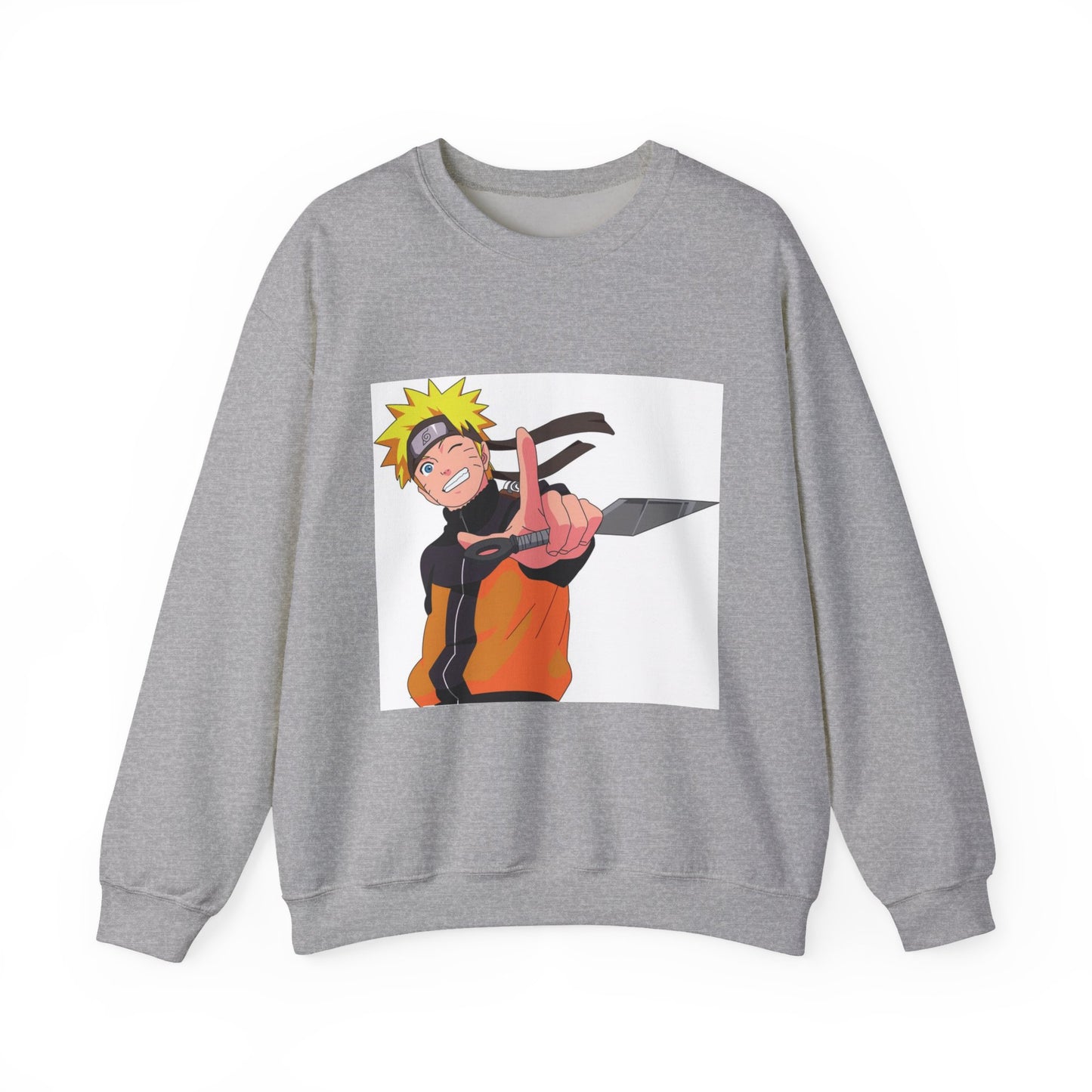 Gray sweatshirt with a graphic of a character holding a sword on a white background
