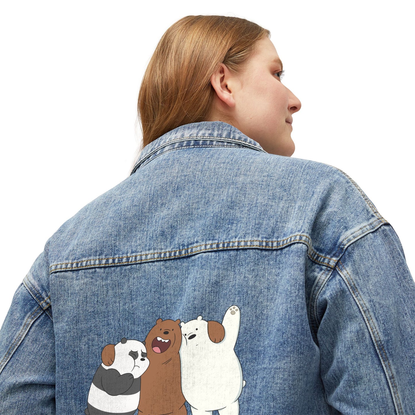 Whimsical Bear Graphic Women’s Oversized Denim Jacket