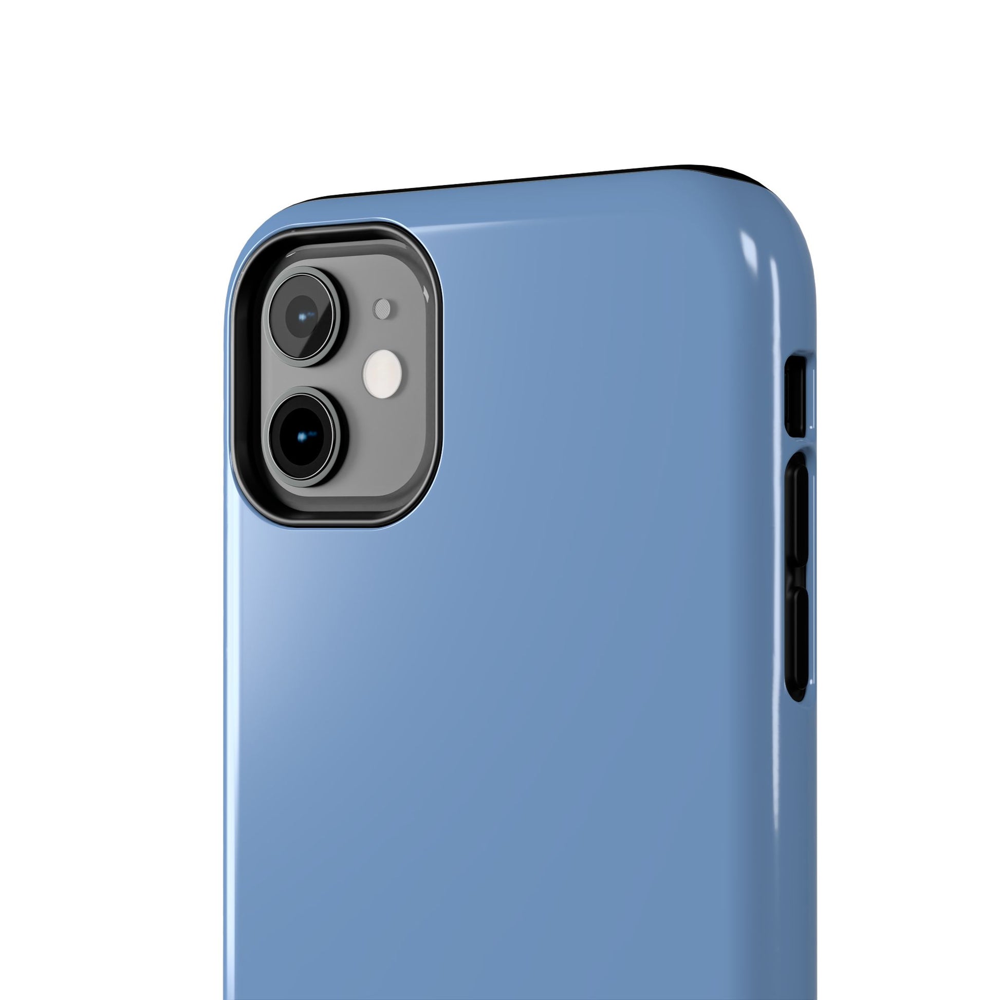 Blue phone case with camera and flash on a white background