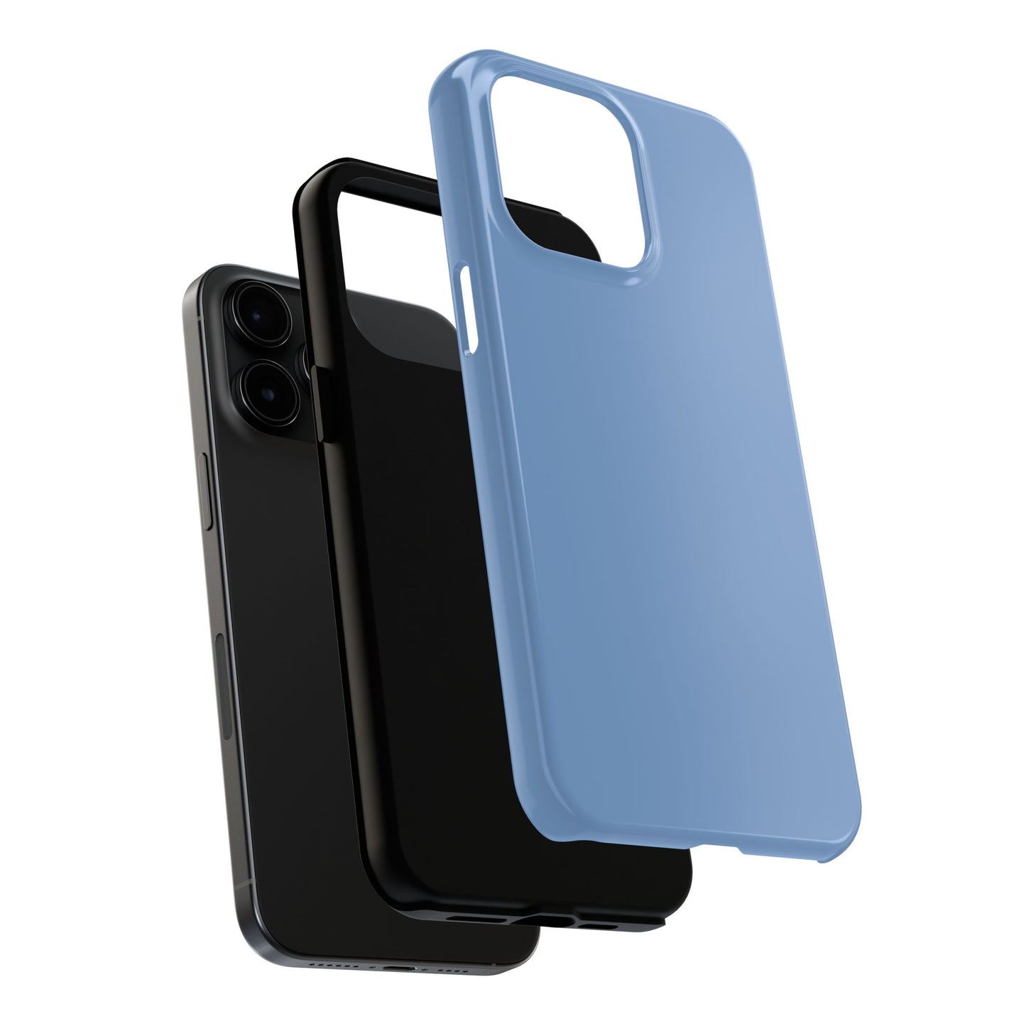 Black and blue phone cases stacked on a white background