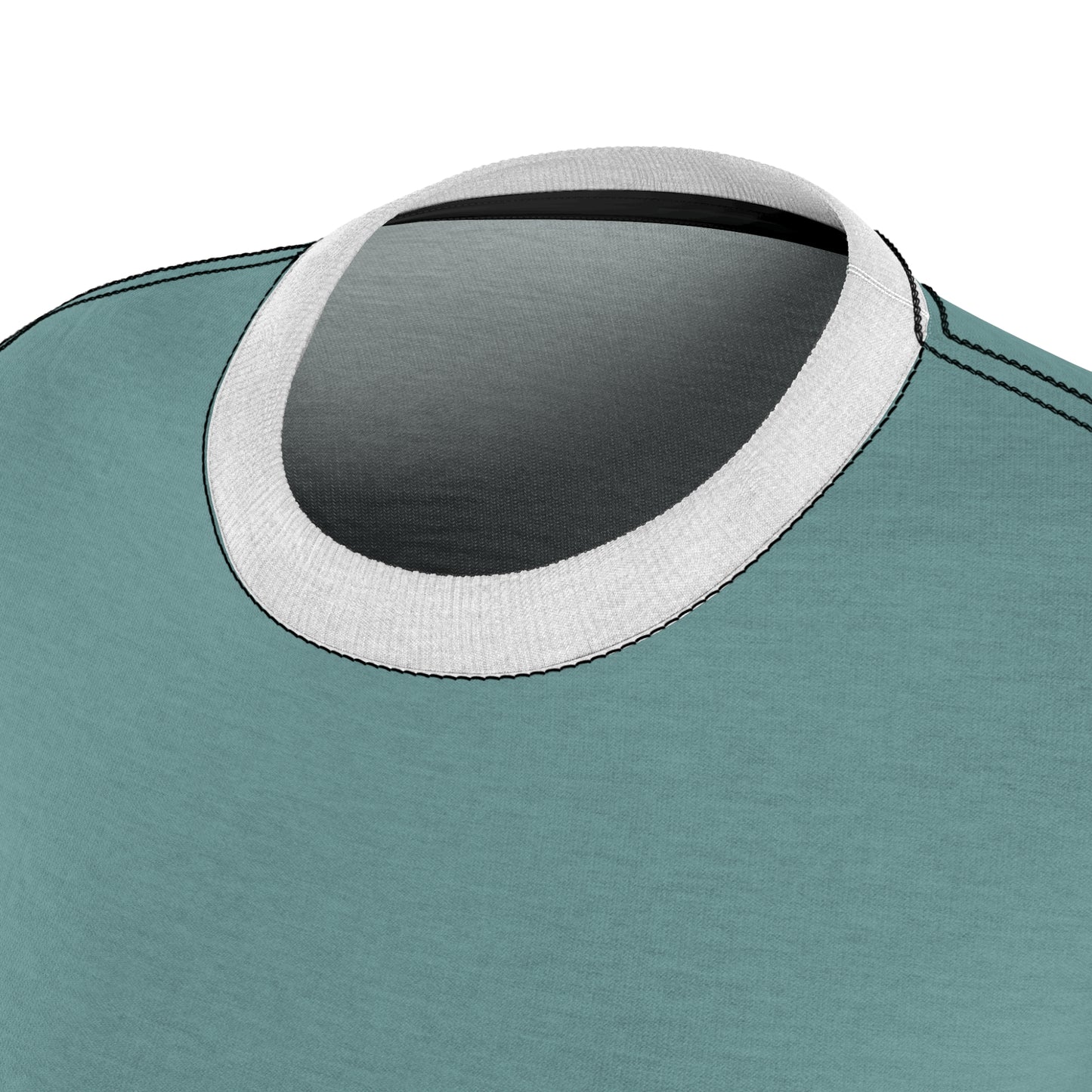 Close-up of a teal shirt with a gray collar on a white background
