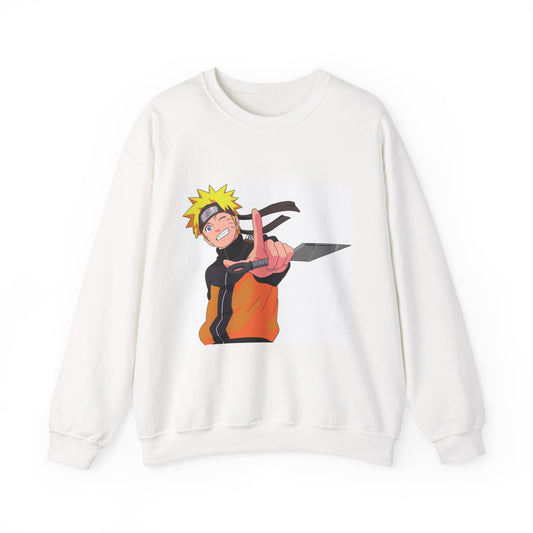 White sweatshirt with a graphic of a character holding a sword on a white background