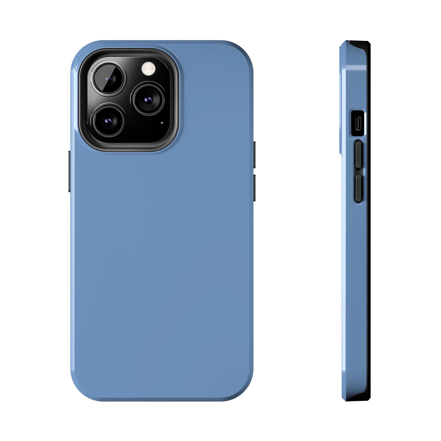 Blue phone case with camera and side view on a white background