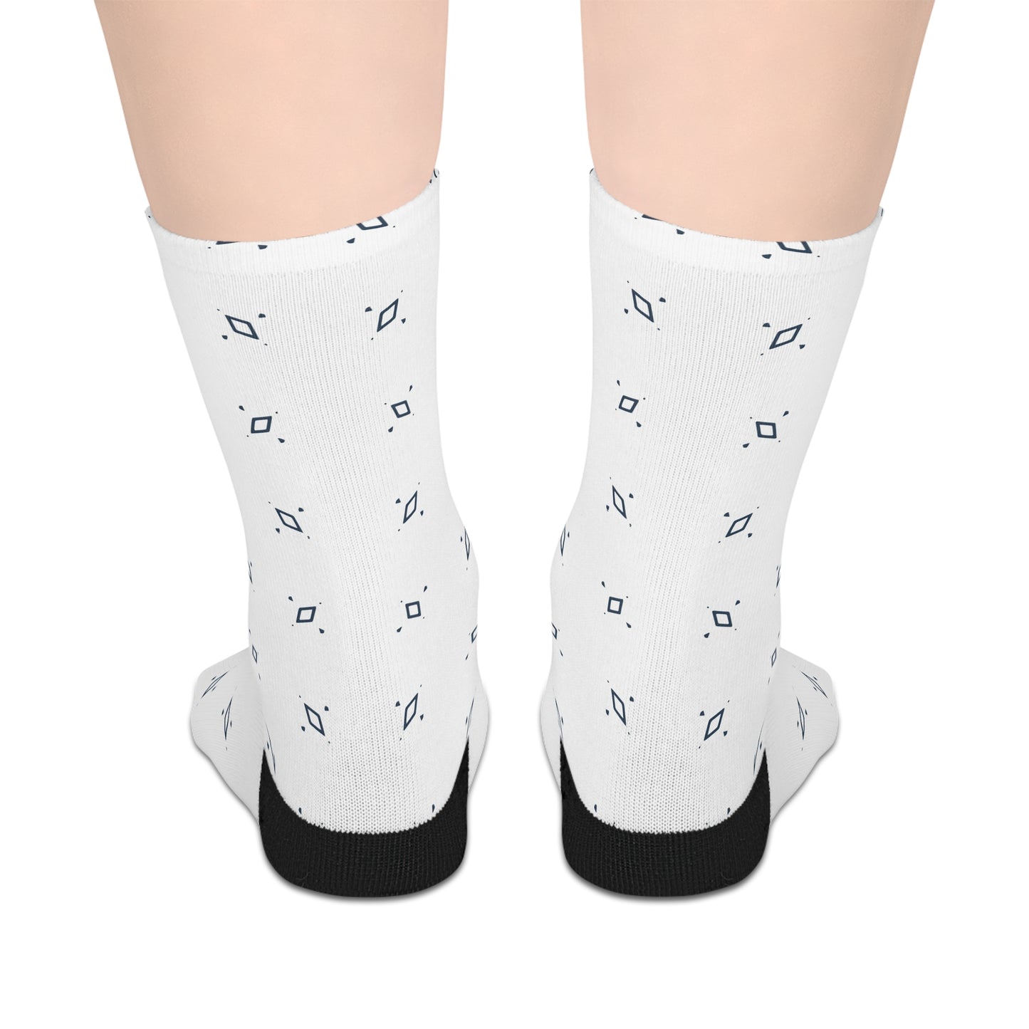 Mid-length White Socks with Black Geometric Patterns