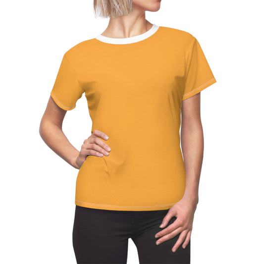 Person wearing a mustard yellow t-shirt on a white background
