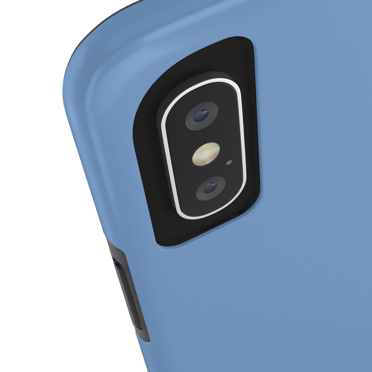 Close-up of a blue phone case with camera lens and flash on a white background
