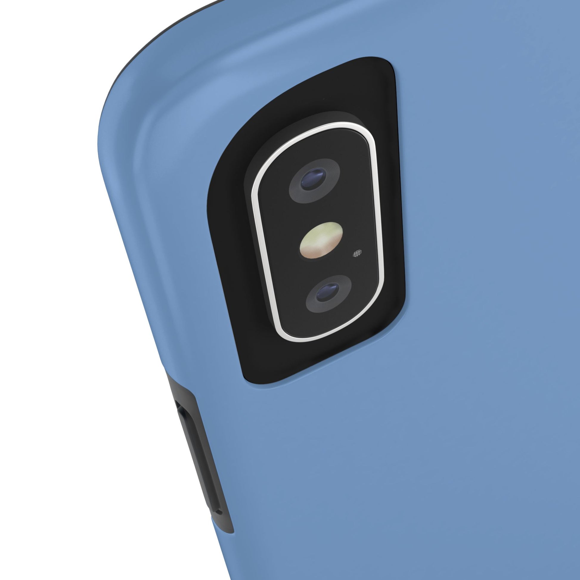 Close-up of a blue phone case with camera lens and flash on a white background