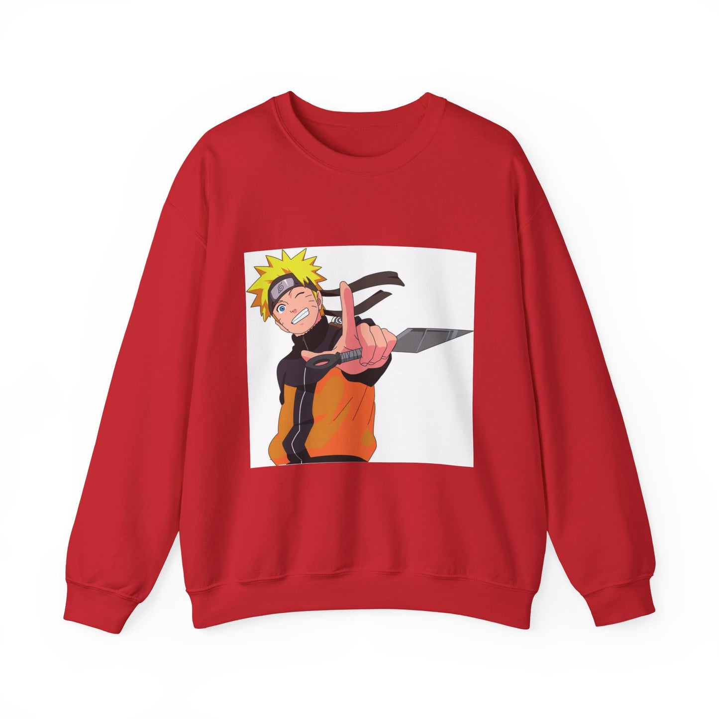 Red sweatshirt with an anime character graphic on a white background.