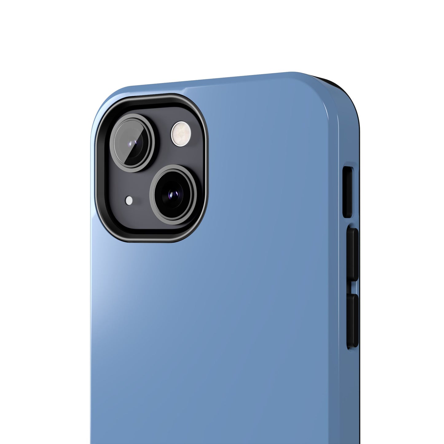 Blue phone case with camera and side view on a white background