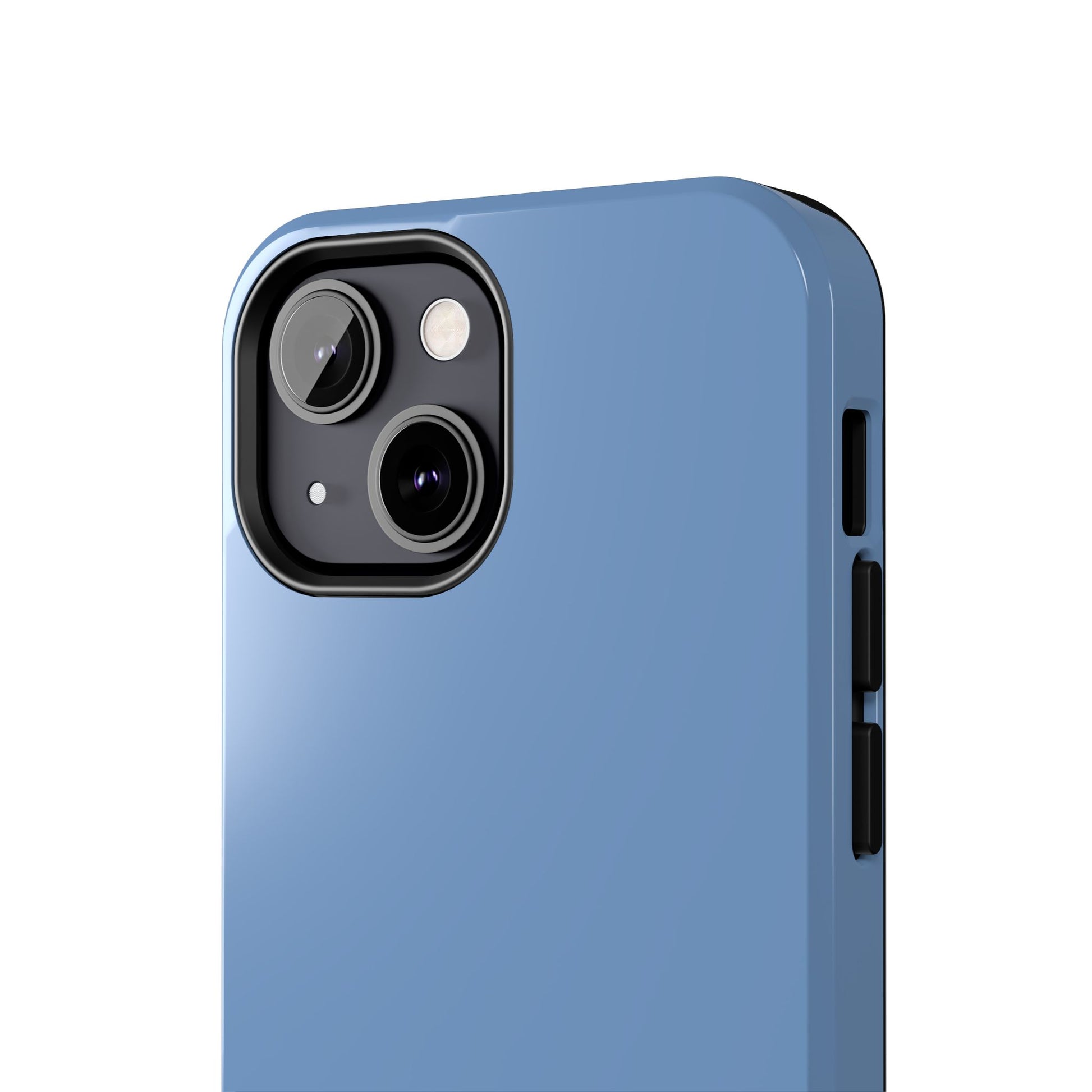 Blue phone case with camera and side view on a white background