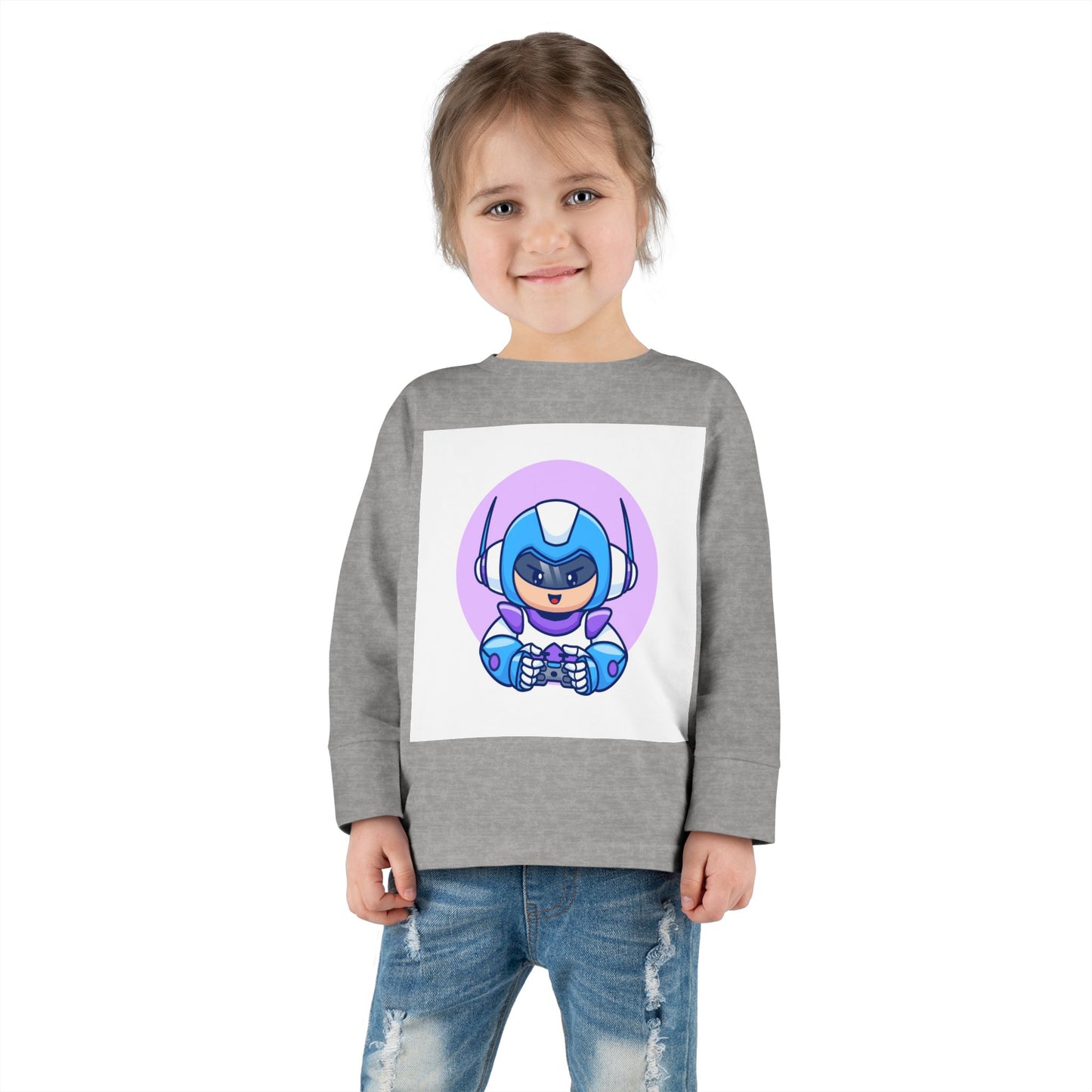 Blue Cyber Gamer Kids Tee Cartoon Robot Player Shirt