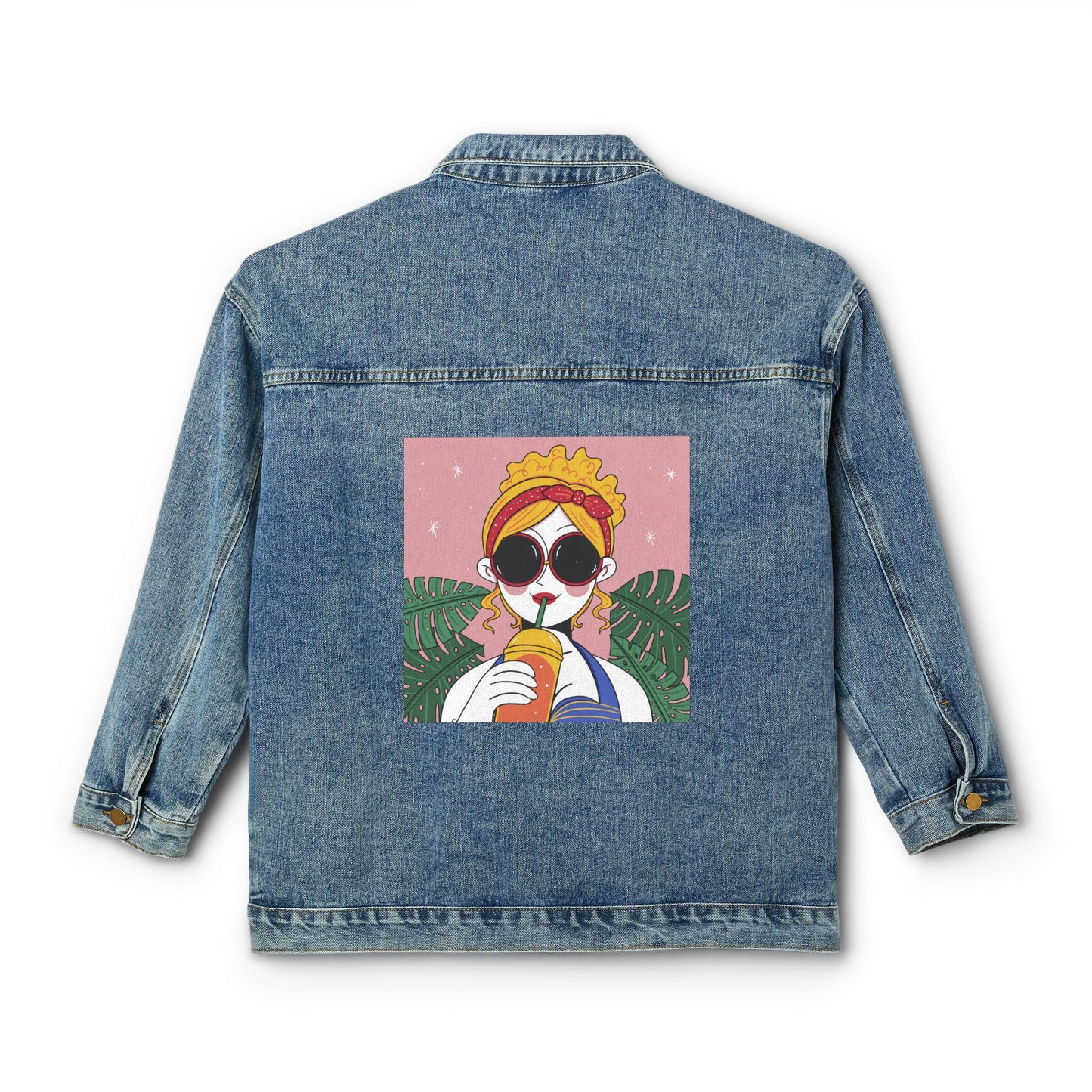 Chic Women’s Denim Jacket with Retro Graphic Artwork