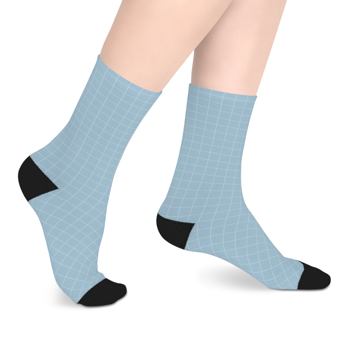Mid-length Light Blue Socks with Black Grid Pattern