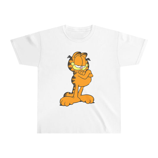 Youth Ultra White Cotton t-shirt with a cartoon cat design