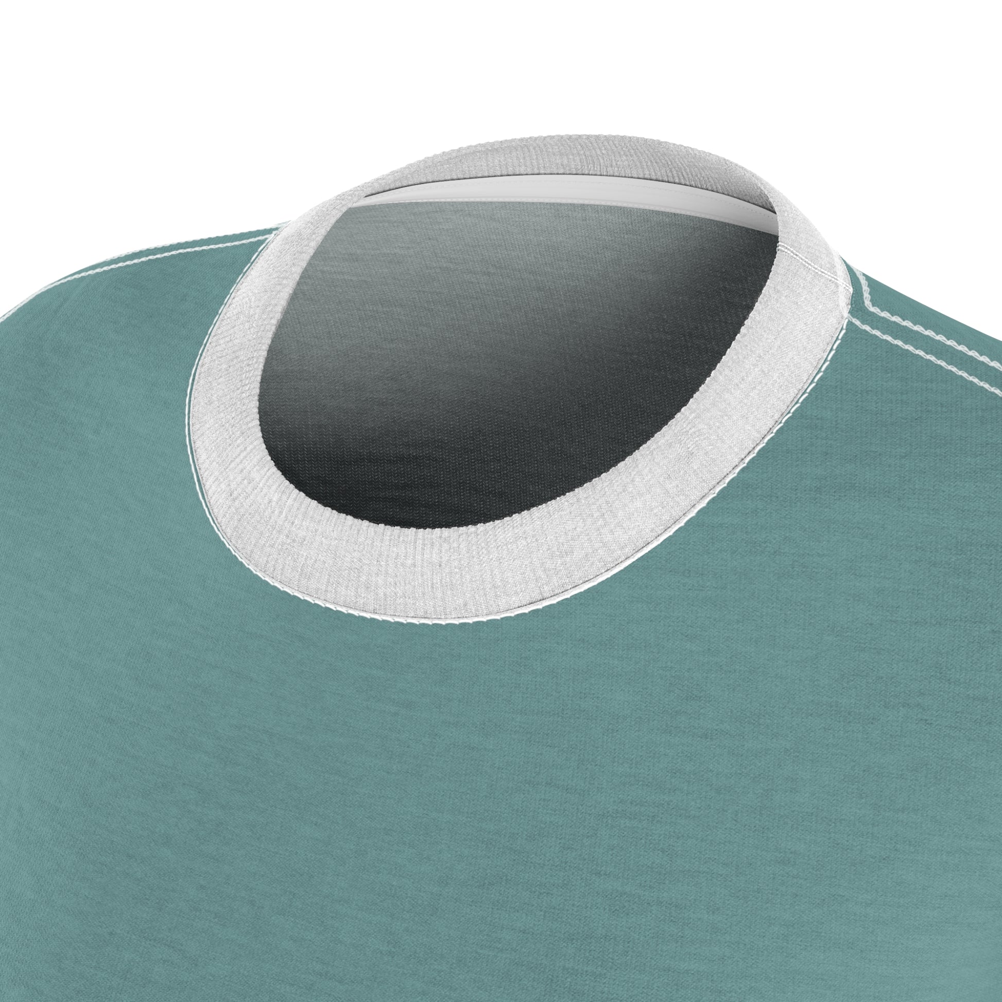 Close-up of a teal shirt with a gray collar on a white background