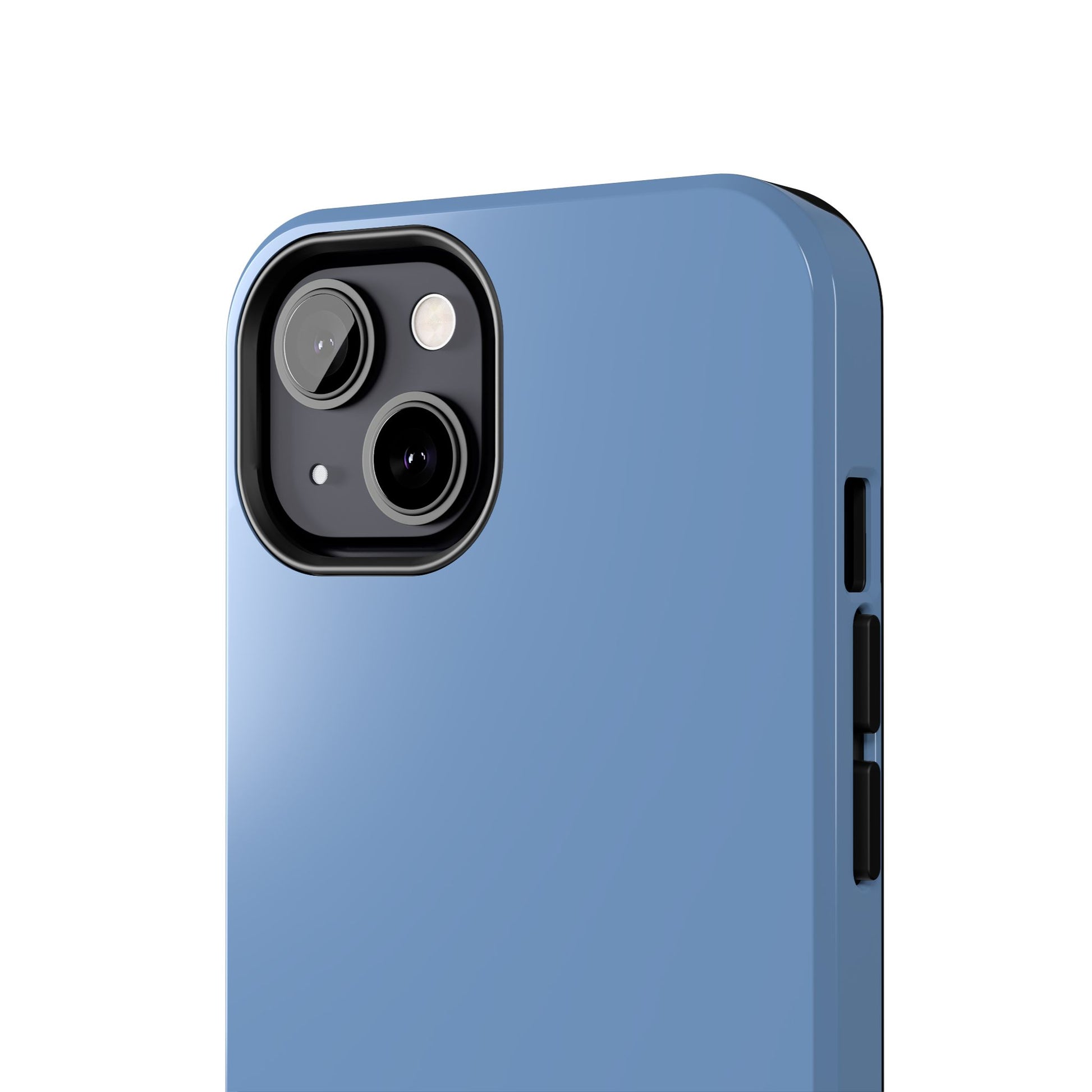 Blue phone case with camera and side view on a white background
