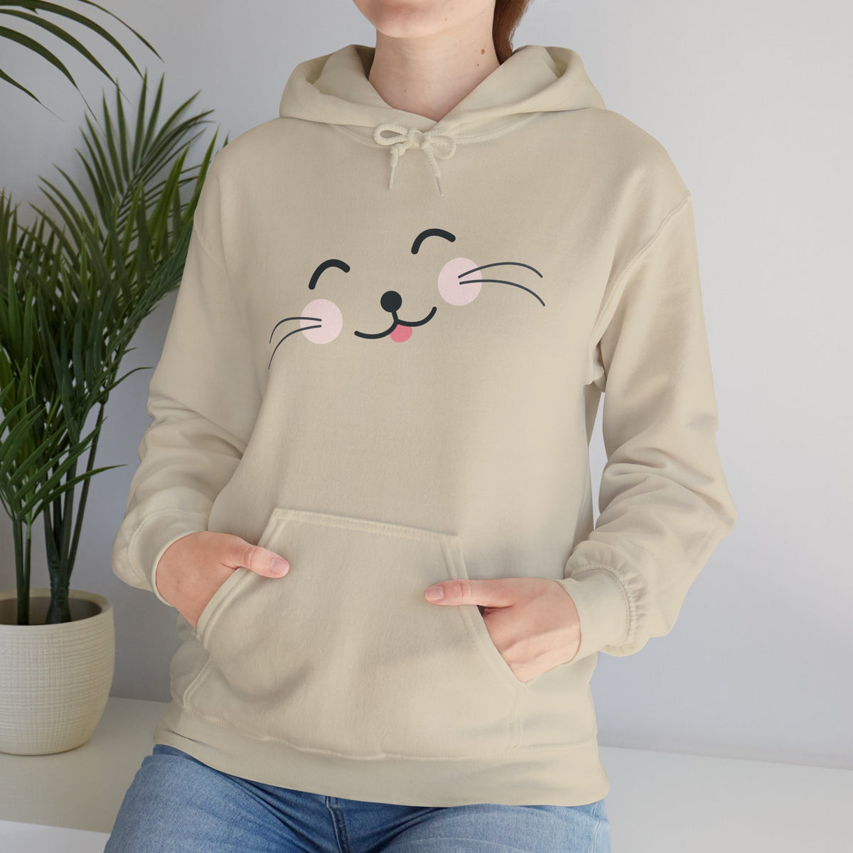 Pink Cozy Unisex Hoodie with Adorable Face Print